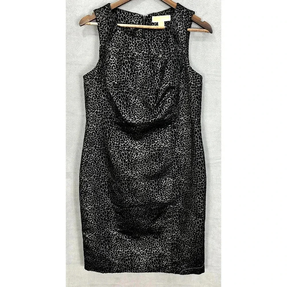 Michael Kors Midi Sheath Dress Womens 10 Black Animal Cheetah Sleeveless Chic